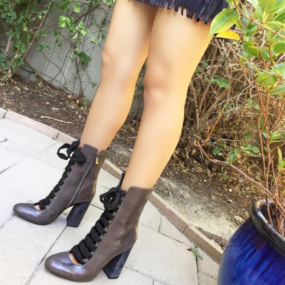 Chunky Stacked Heel Ankle Lace Up Round Toe bootie